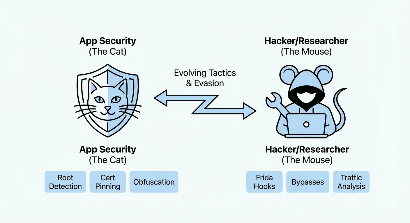 App security vs researcher: an endless cycle of evolving tactics and evasion between root detection, cert pinning, obfuscation on one side and Frida hooks, bypasses, traffic analysis on the other