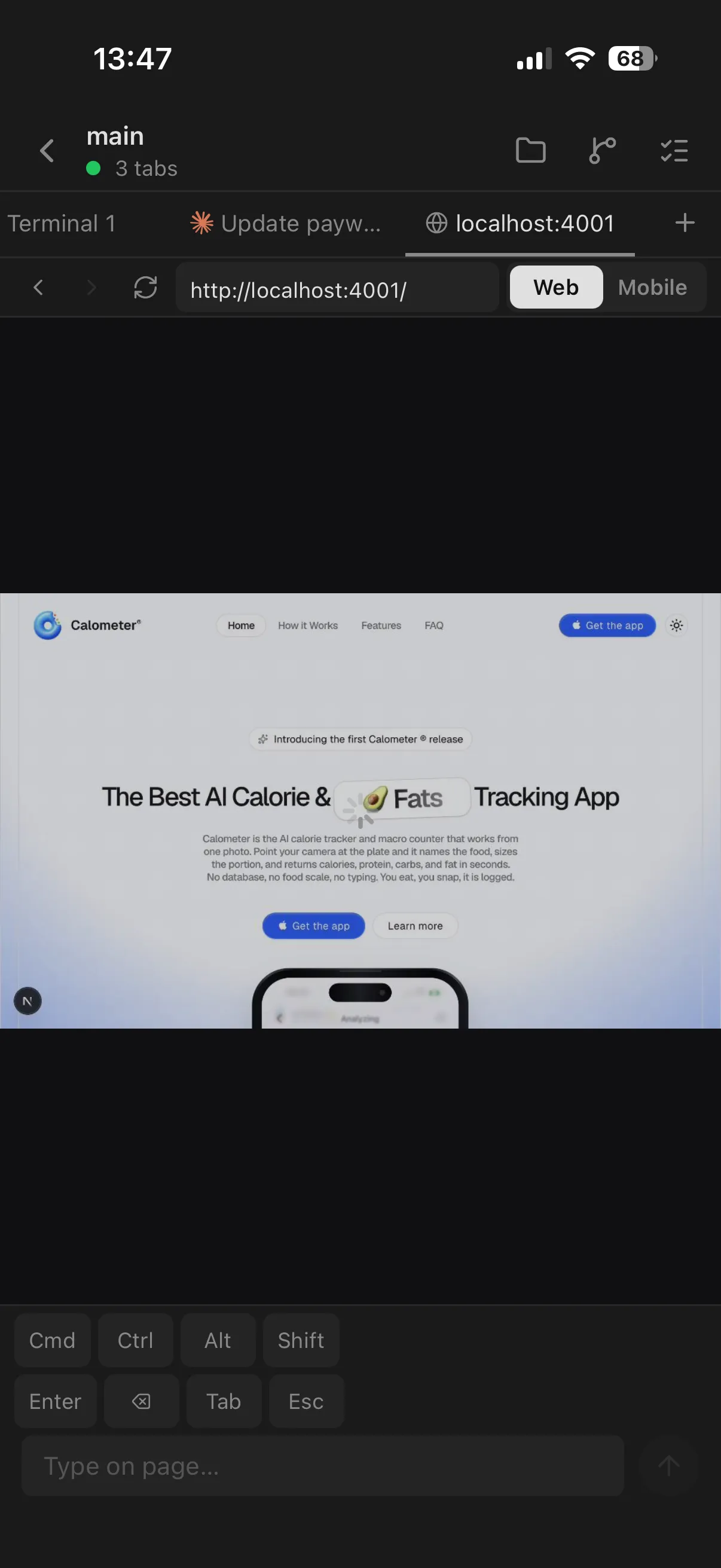 A browser preview of the running app from the Orca mobile app