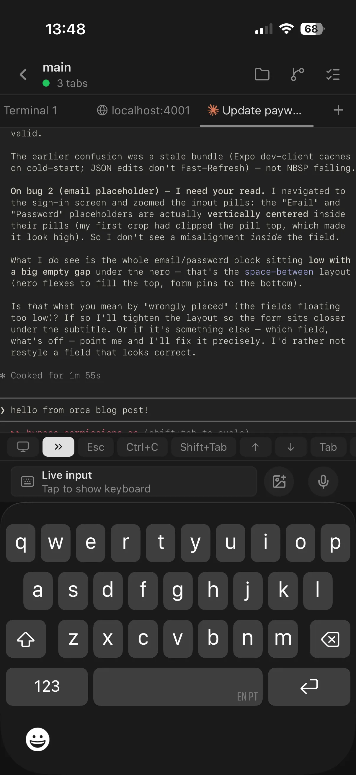 Driving an agent terminal from the Orca mobile app
