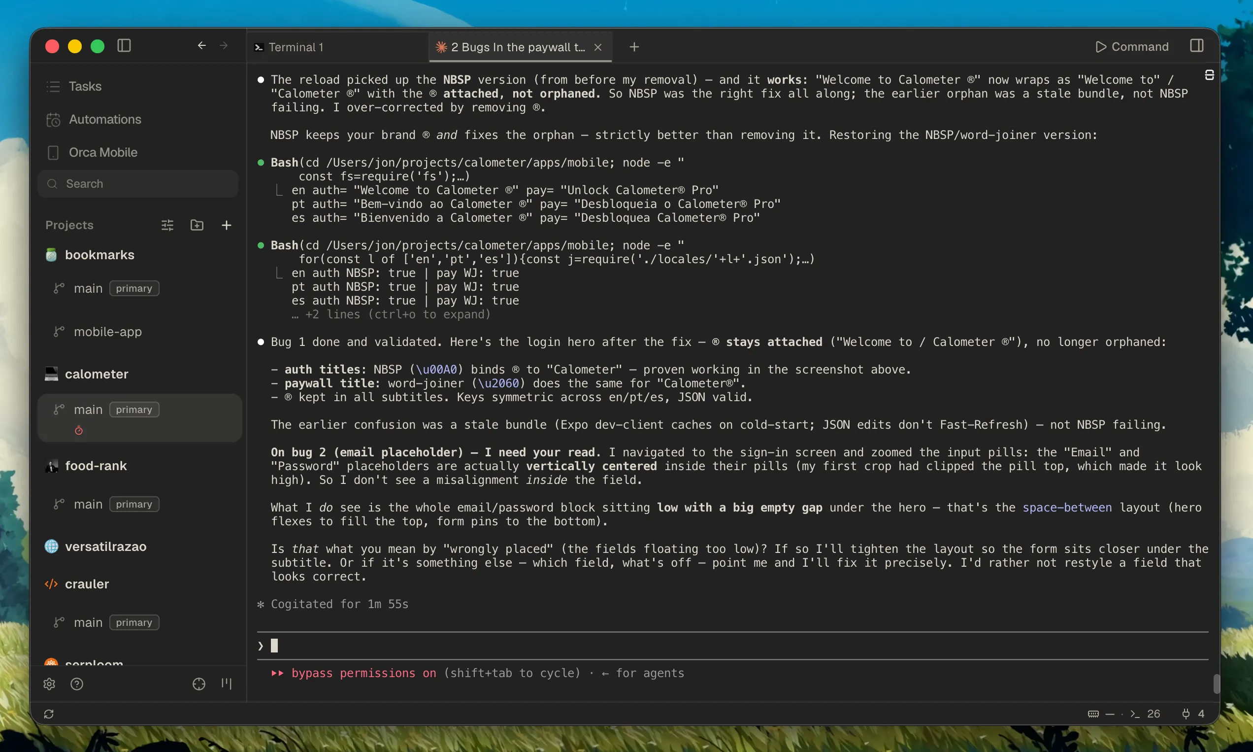 My current setup, Orca with a few worktrees open and terminals running